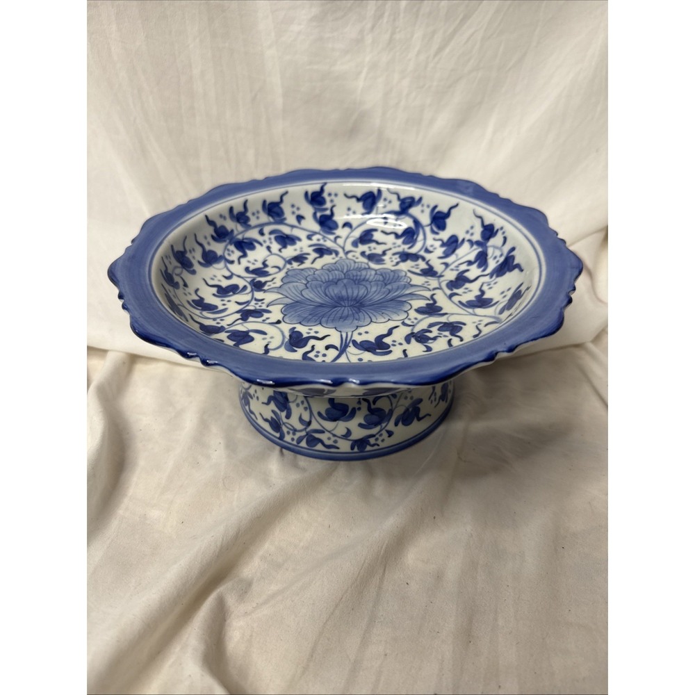 VTG Chinoiserie Blue Centerpiece Compote Bowl Scalloped Rim Andrea by Sadek 10"